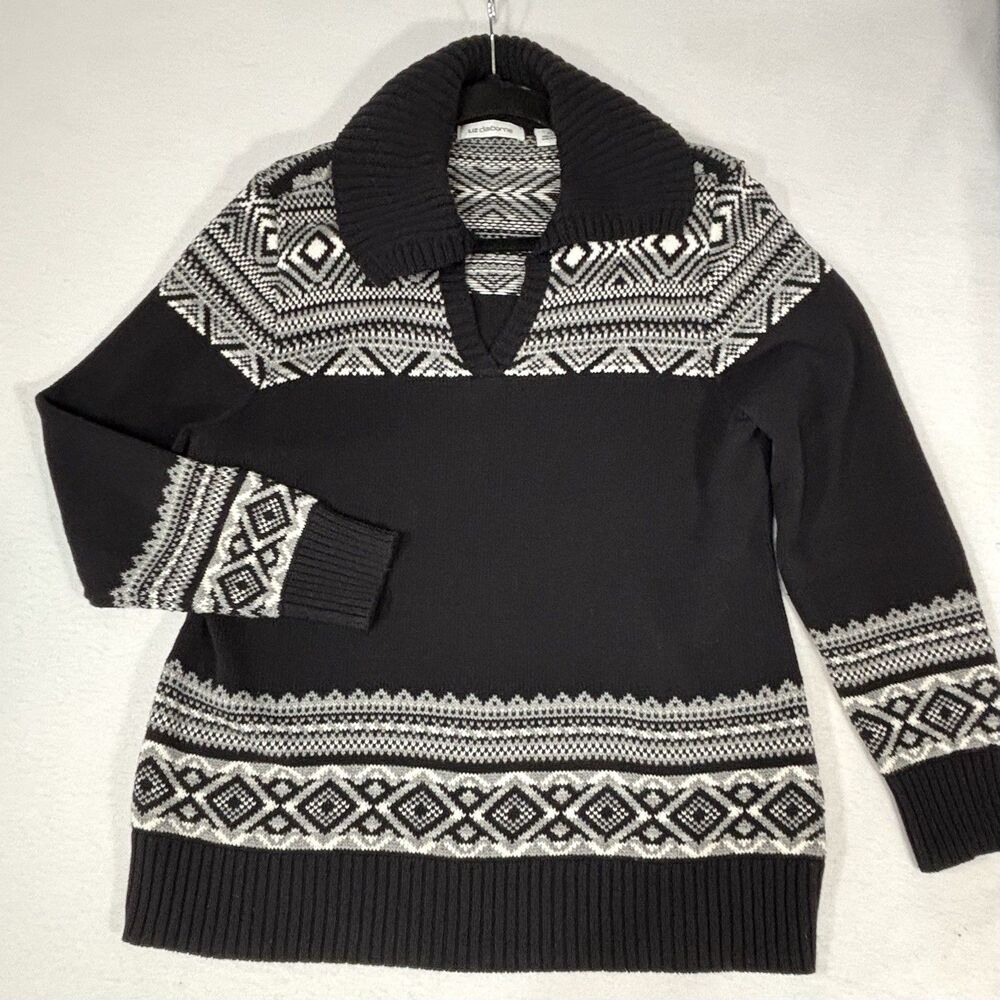 LIZ CLAIBORNE Women’s XL Sweater Black Nordic V Neck Fair Isle 100% Cotton